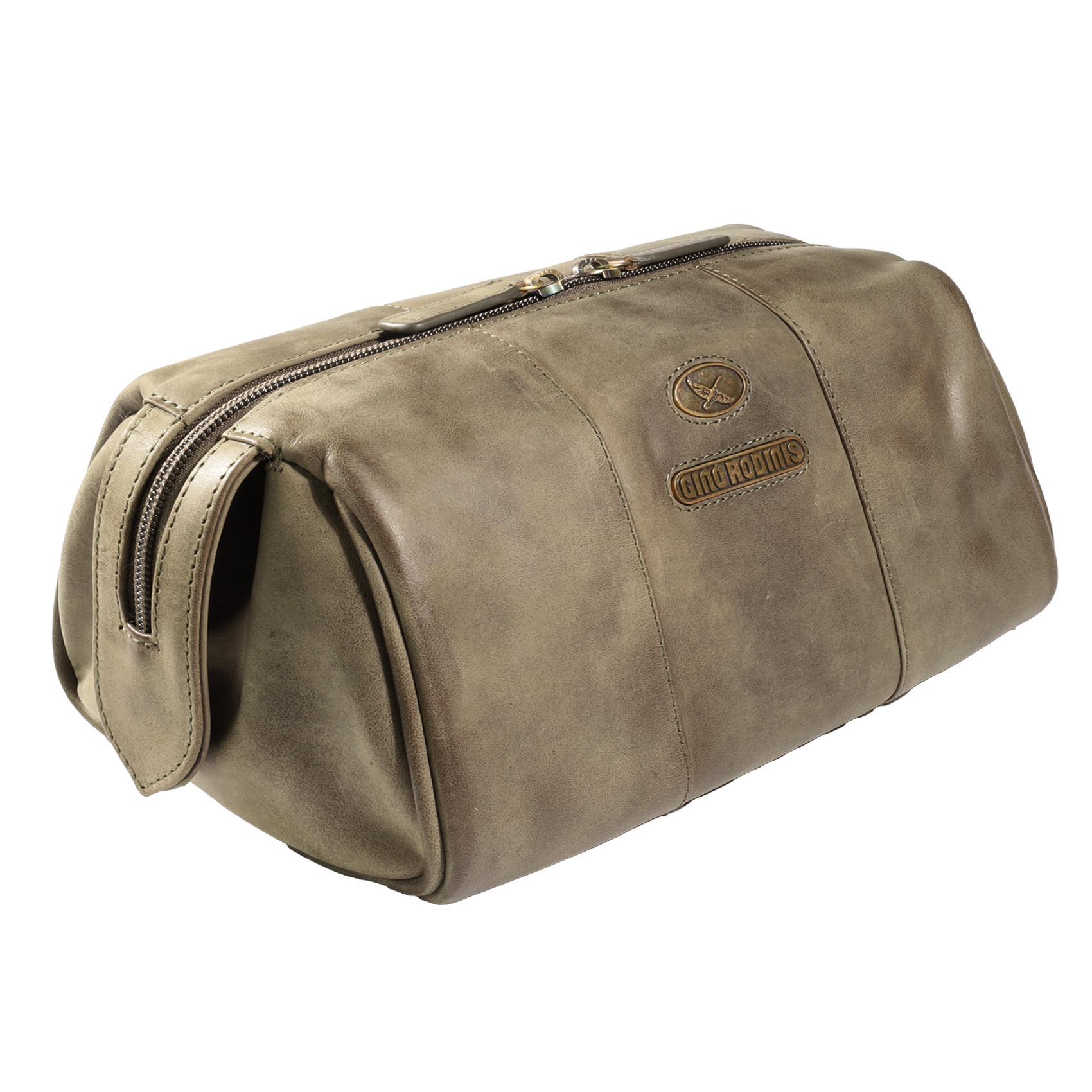 Vista lateral de necessaire de cuero 1293 color oliva. Gino Rodinis