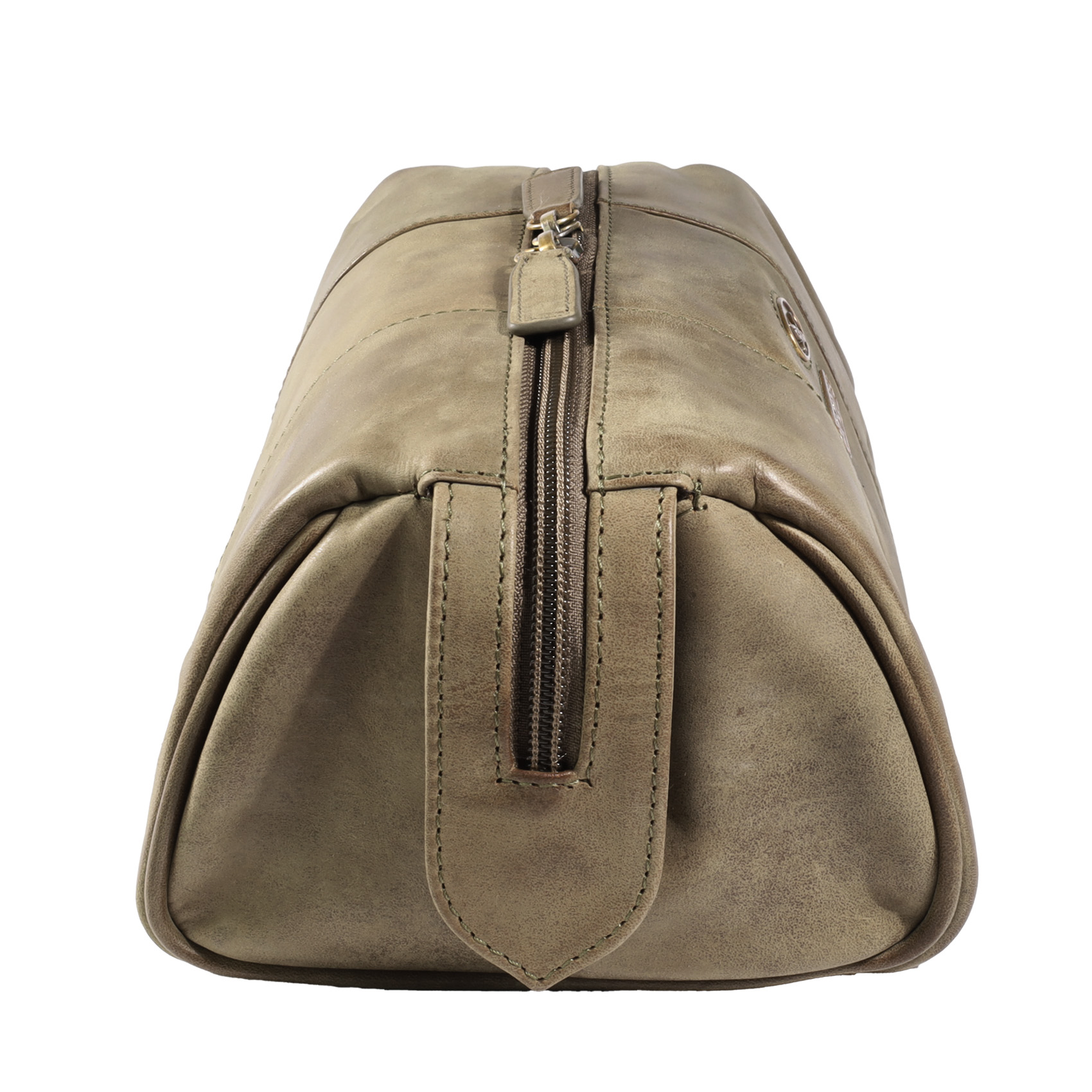 Vista lateral de necessaire de cuero 1293 color oliva. Gino Rodinis