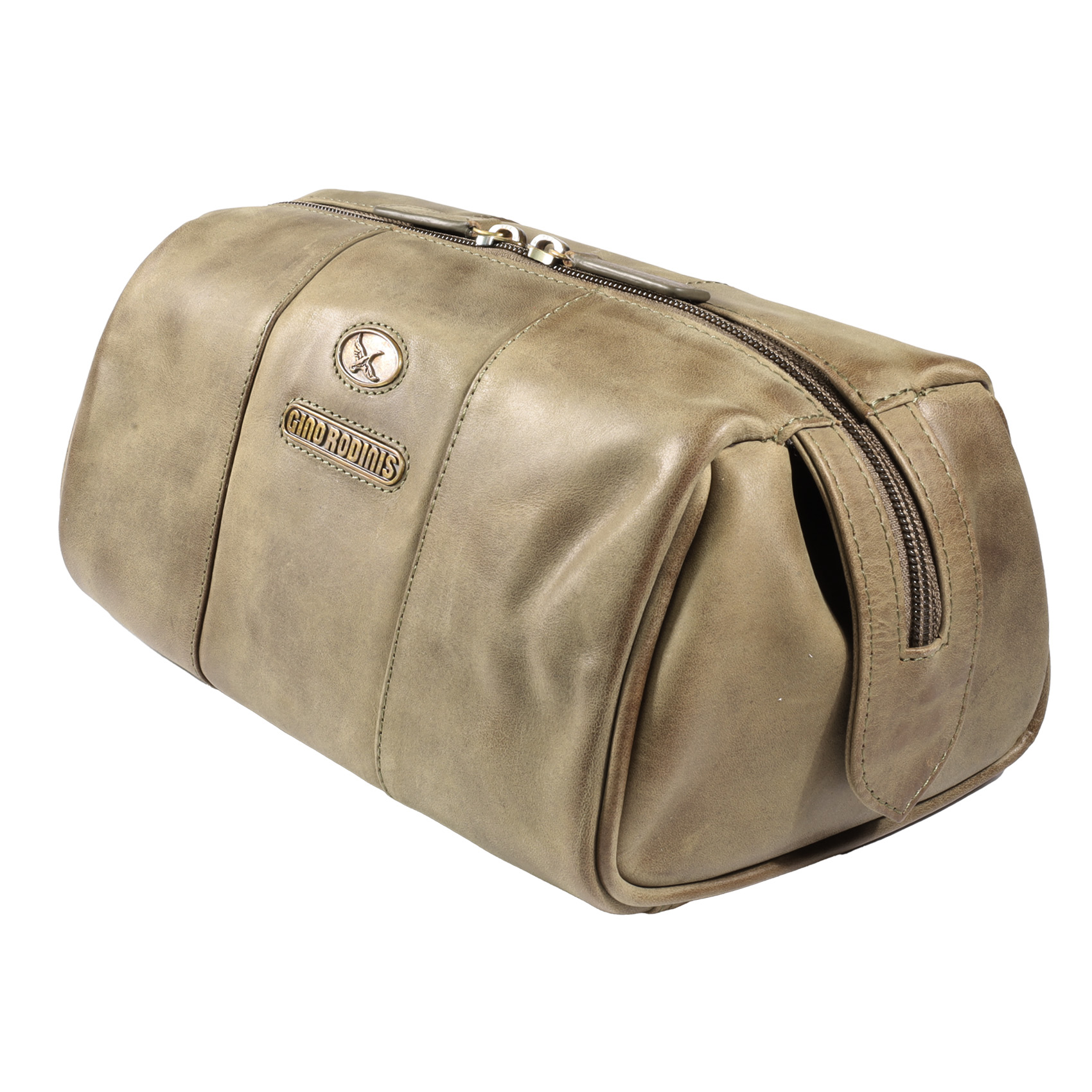 Vista lateral de necessaire de cuero 1293 color oliva. Gino Rodinis